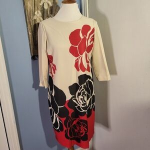 Chicos Dress 0 Small Beige Red Black Floral Long Sleeve Straight